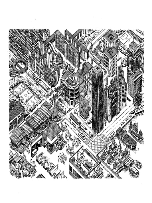 Aerial View of Hong Kong Isometric (Original Drawing)