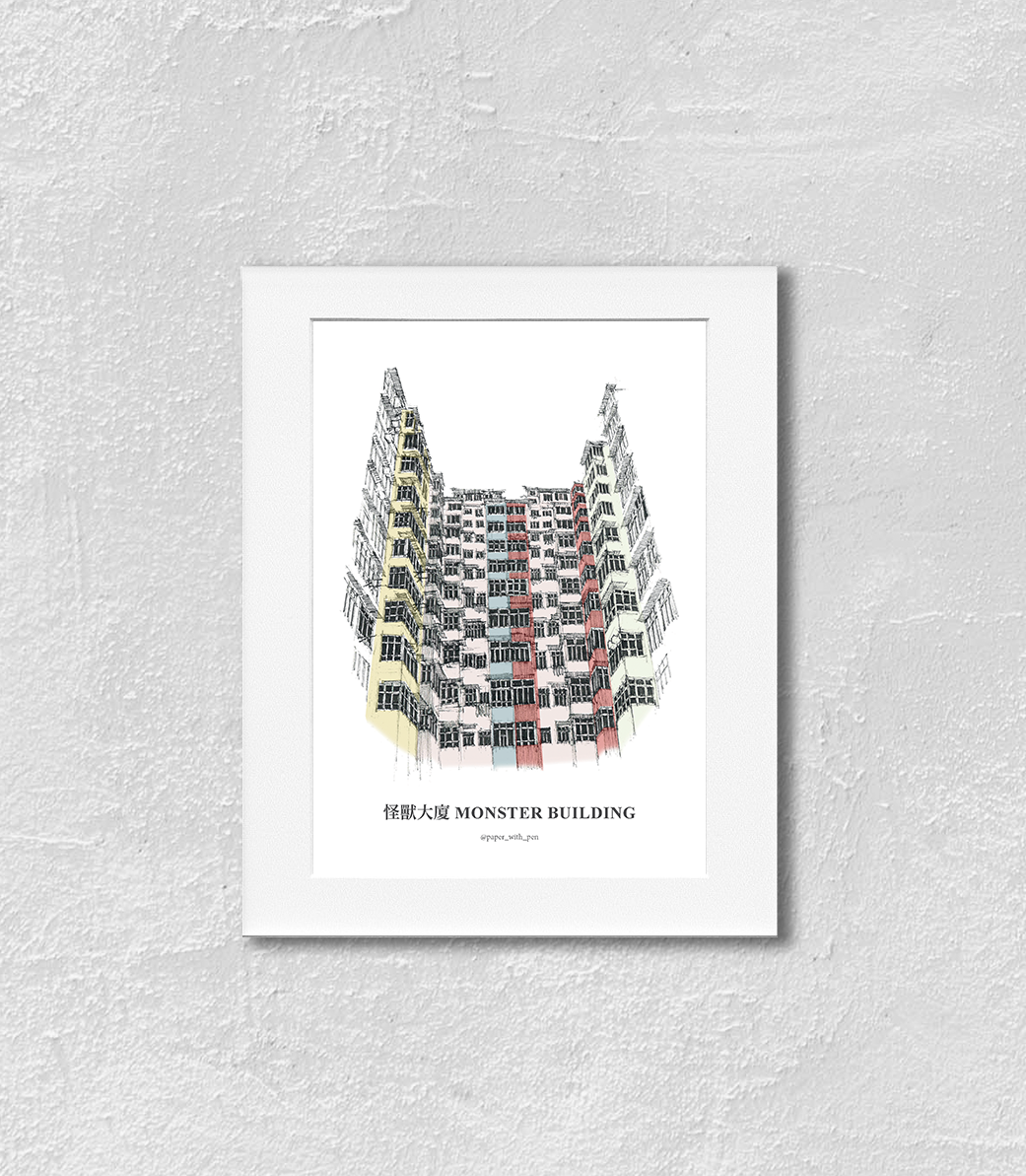 Hand-Drawn Frame Print : Monster Building (Coloured)