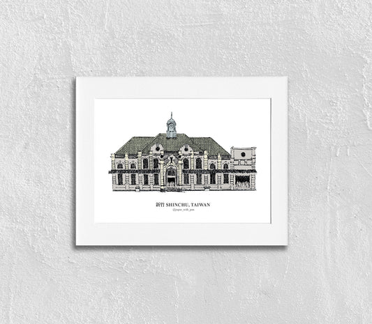 Hand-Drawn Frame Print : Hsinchu Railway Station, Taiwan