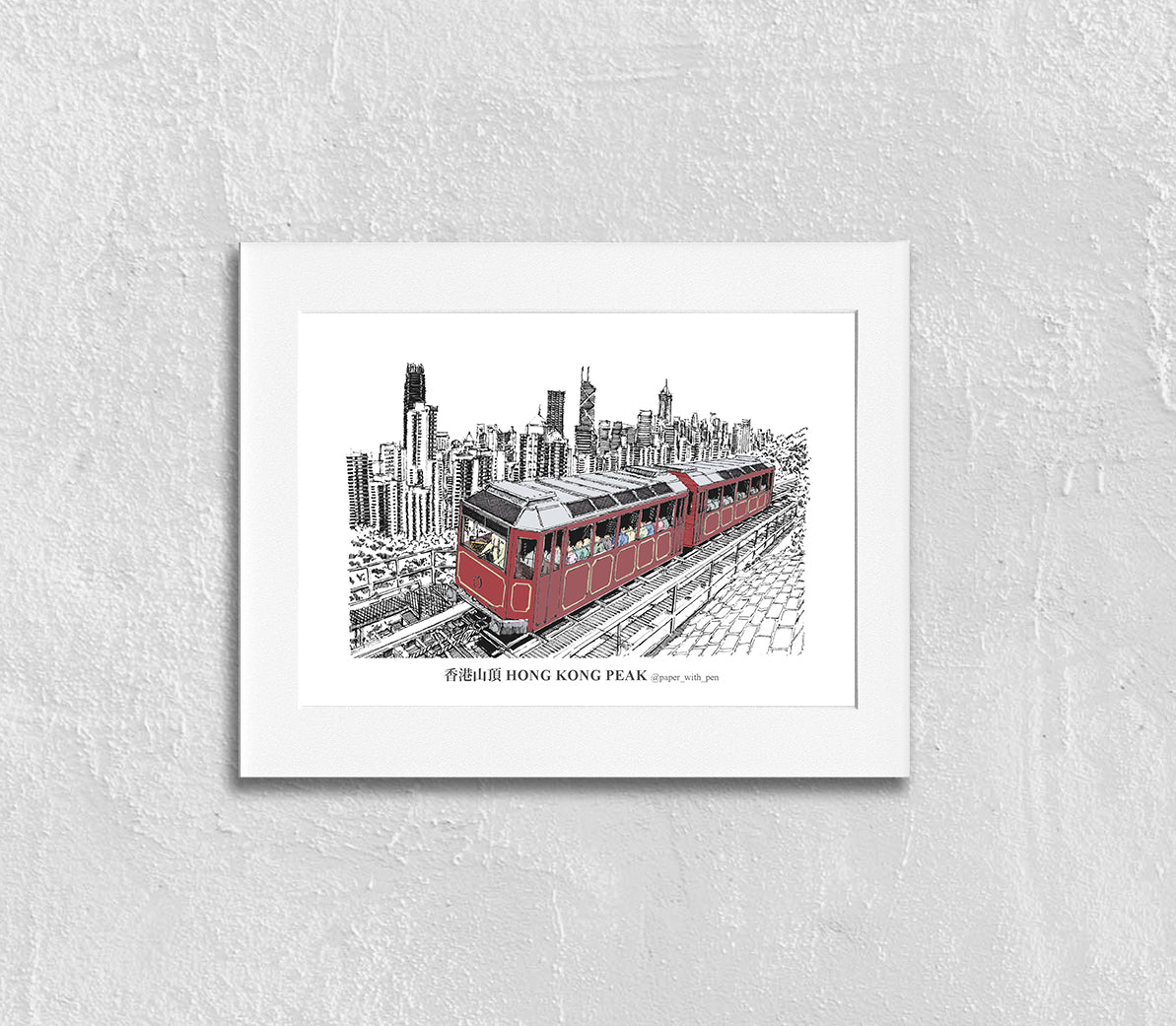 Hand-Drawn Frame Print : Hong Kong Tram (Victoria Peak)