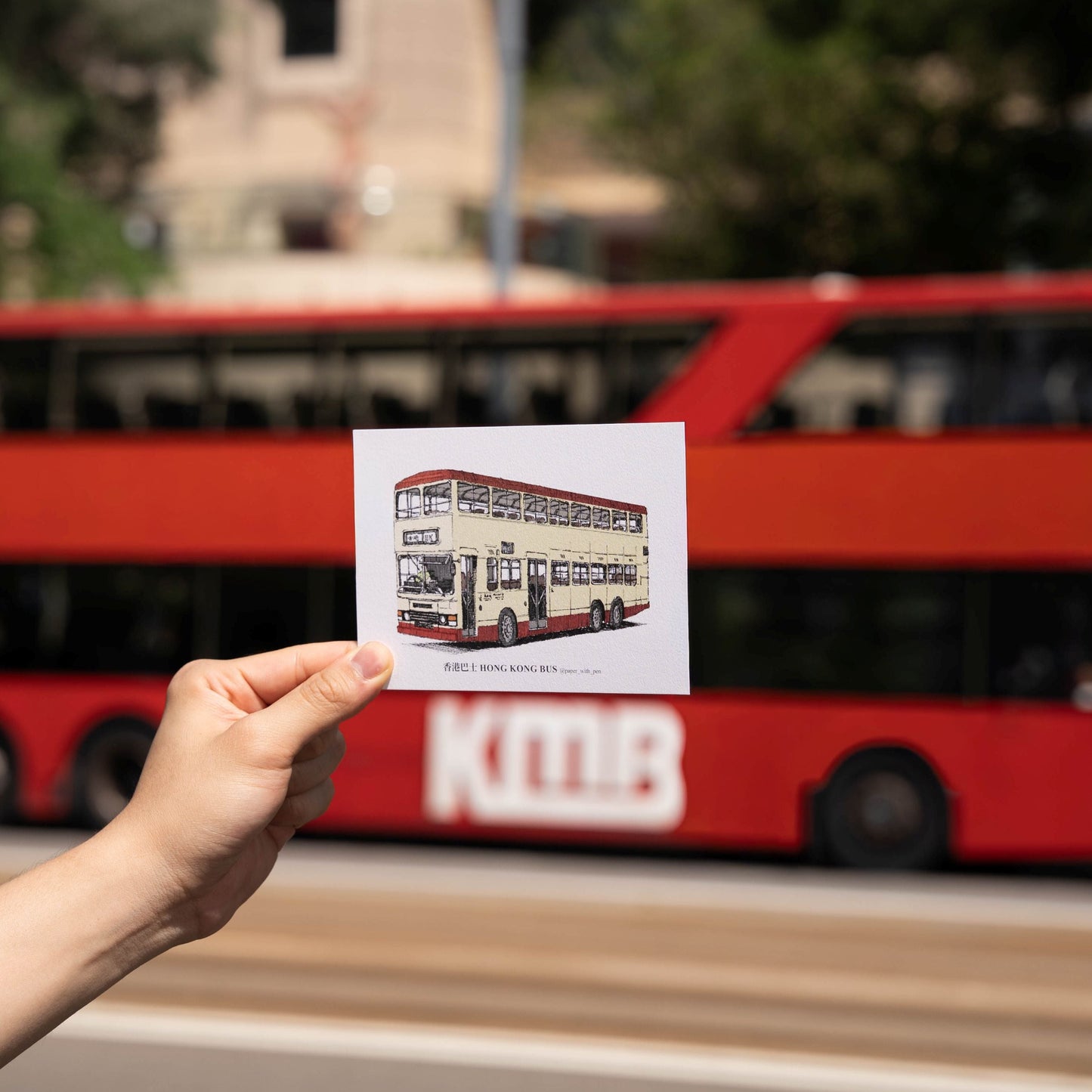 A6 Hand-Drawn Postcard : Hong Kong Double-Decker Bus