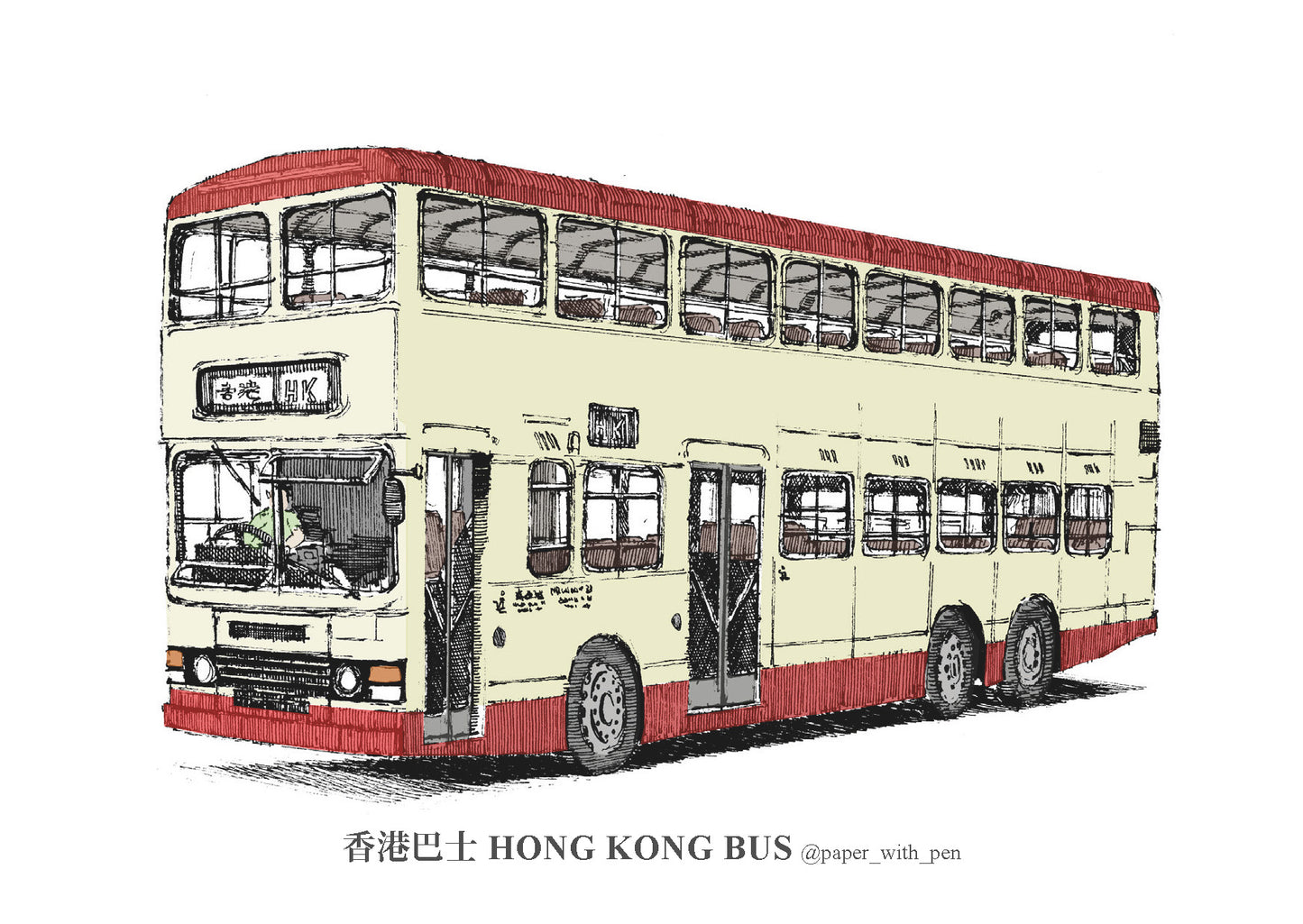 Hand-Drawn Frame Print : Hong Kong Double-Decker Bus