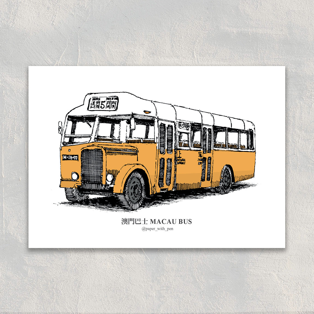 A6 Hand-Drawn Postcard : Macau Bus