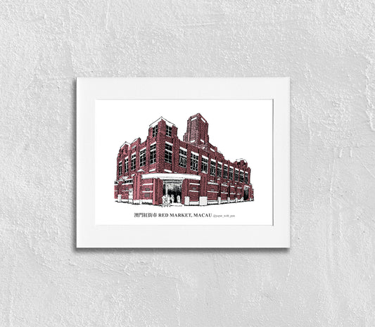 Hand-Drawn Frame Print : Red Market, Macau