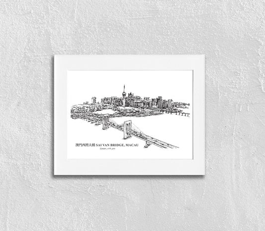 Hand-Drawn Frame Print : Sai Van Bridge, Macau